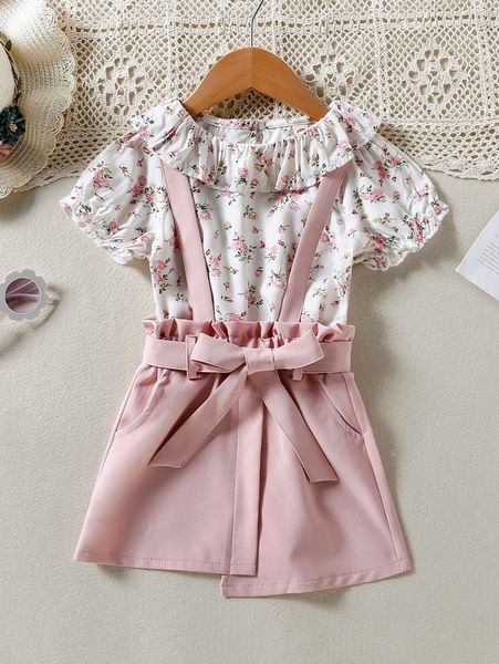 

little girl's printed ruffle and asymmetric hem belt strap skirt she, White