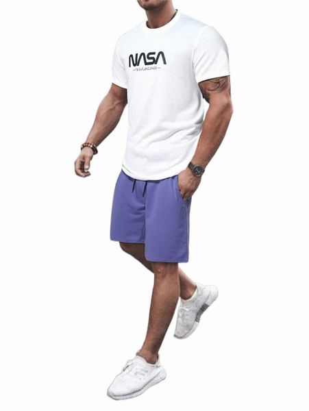 

men letter graphic tee & drawstring waist shorts s71u#, Gray