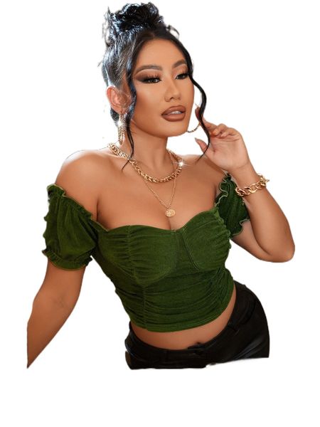 

sxy off the shoulder bustier ruched crop g8om#, White