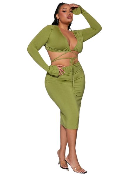 

sxy plus lace up waist crop & pencil skirt h9kt#, Black