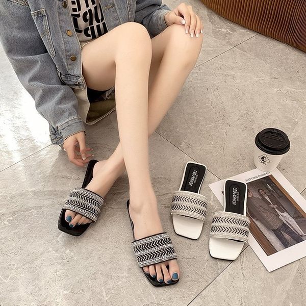 

square slippers women's 2022 new fashion rhinestone one-piece low heel flat bottom large size sandals, Black