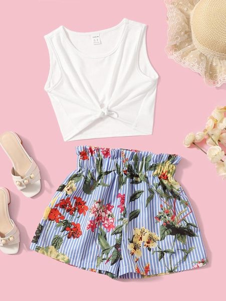 

girls knot hem & paperbag waist shorts set she, White