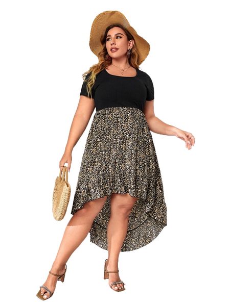 

plus graphic print high low hem dress y4ab#, Black