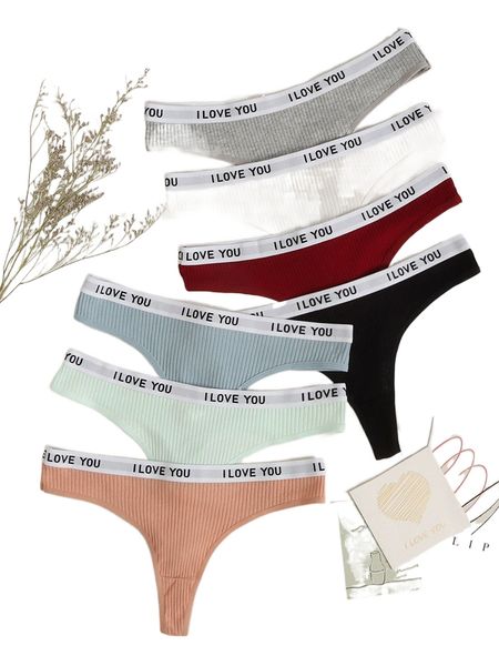 

7pack slogan tape waist panty set d7av#, Black;red