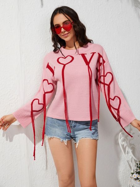 

fringe detail letter and heart pattern sweater o7sf#, White;black