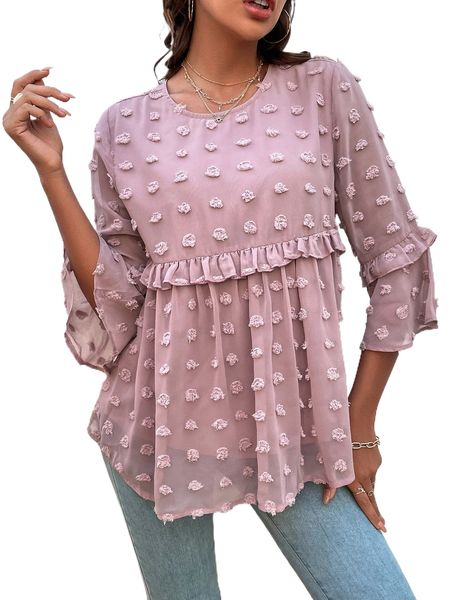 

swiss dot keyhole back ruffle trim peplum blouse p4vc#, White