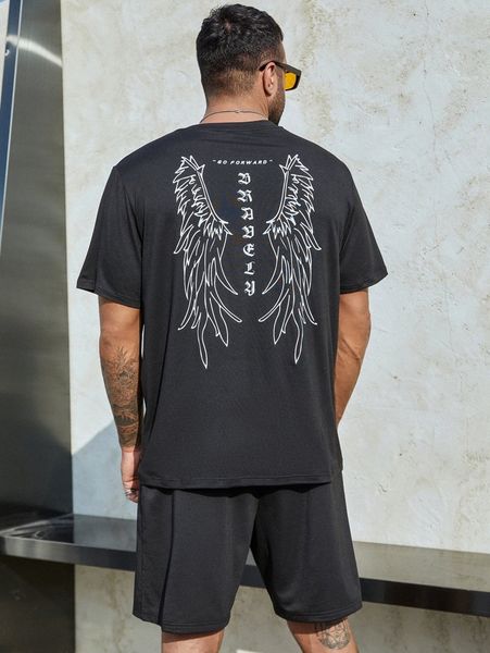

extended sizes men wings & slogan graphic tee & shorts v3ul#, Gray