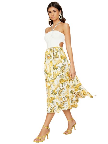 

floral print tie front ruffle hem skirt y90o#, Black