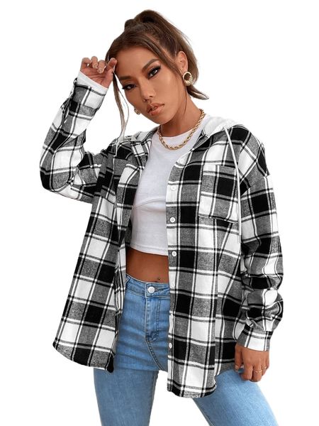 

plaid contrast hooded overshirt u18h#, Black