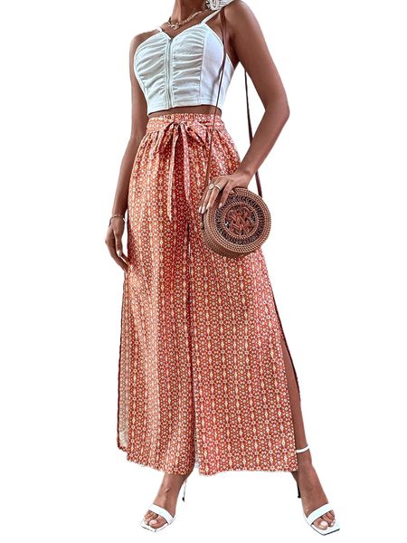 

ditsy floral split thigh belted wide leg pants u0cf#, Black;white