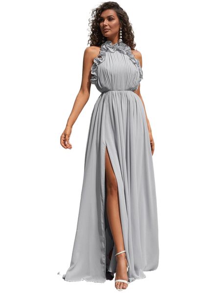 

missord frill trim high split dress r4hl#, Black;gray