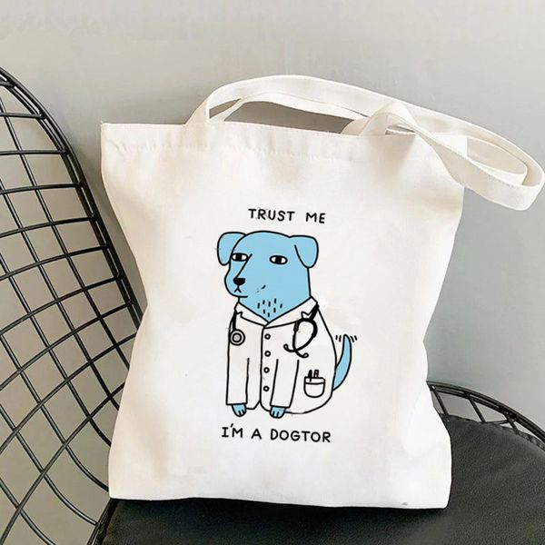 

2021 shopper cute dogtor cartoons printed tote bag women harajuku shopper handbag girl shoulder shopping bag lady canvas bag