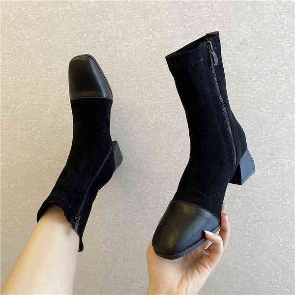 

thick heel short boots women 2022 new medium heel thin boots elastic boots spring and autumn single fashion, Black