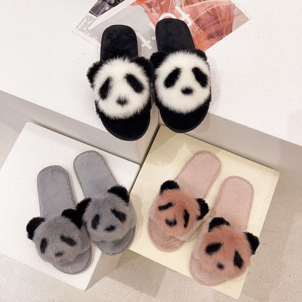 

plush slippers animals panda furry winter warm shoes home soft flip flop indoor ladies female slipper comfortable woman massage, Black
