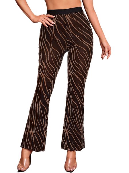 

graphic pattern flare leg lettuce trim mesh pants o0k6#, Black;white