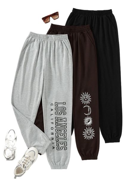 

3pcs elastic waist slant pockets sweatpants n86m#, Black;white