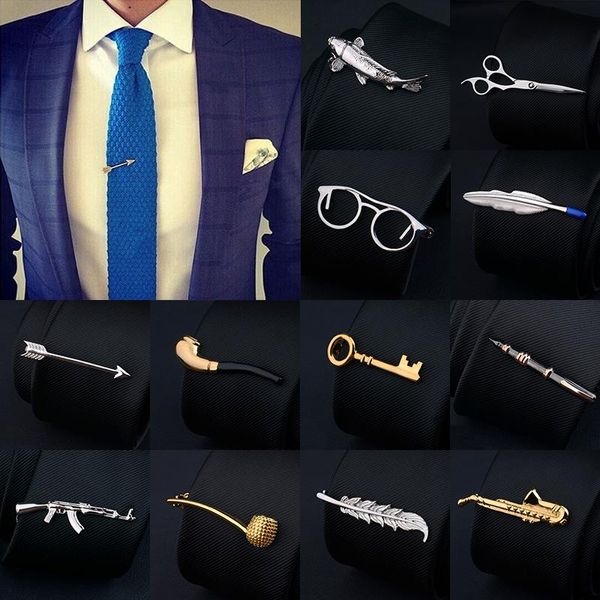 Laço amarra o arco de alta qualidade Copper Men's Tie Clip Silver Feather Glasses Key Scissors Shape Shape Decont Business Acessórios