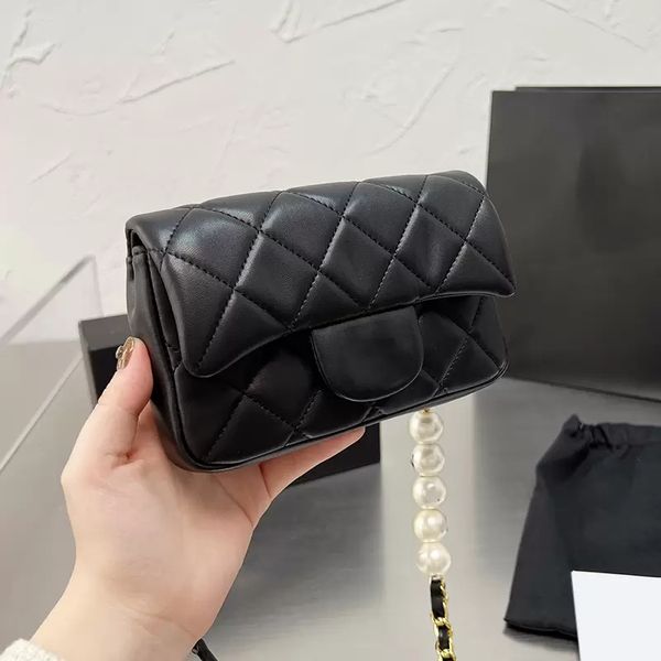 

women's luxury designer summer pearl chain quilted waist bag classic mini flip belt wallet pearl matelasse cross sacoche handbag 17c c6