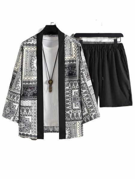 

men scarf print kimono & drawstring waist shorts without tee 38ra#, Gray