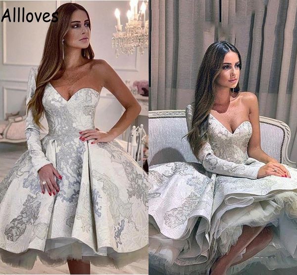 

gorgeous one shoulder lace cocktail prom dresses ball gown puff skirt short robe de soiree long sleeve evening party gowns knee length forma, Black