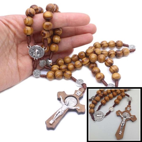 Anhänger Halsketten handgemachte runde Holzperlen Rosenkranz religiöses Kreuz für weibliche Jesus Schmuck Mutter Geschenke