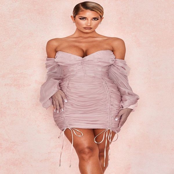 

beaukey winter long sleeve bodycon dress pink off shoulder mini womens dress mesh club evening party vestido 210414, Black;gray