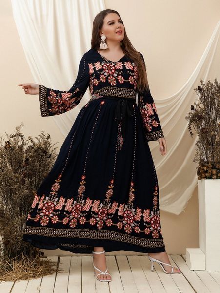 

plus floral embroidery flounce sleeve belted dress w9cd#, Black