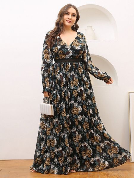 

plus allover floral print lace panel maxi dress p9zh#, Black