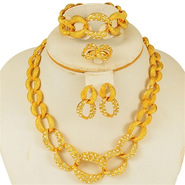

dubai gold jewelry sets arab necklace bracelet earrings ring set african women bridal wedding gift ethiopian collares jewellery 201222, Slivery;crystal