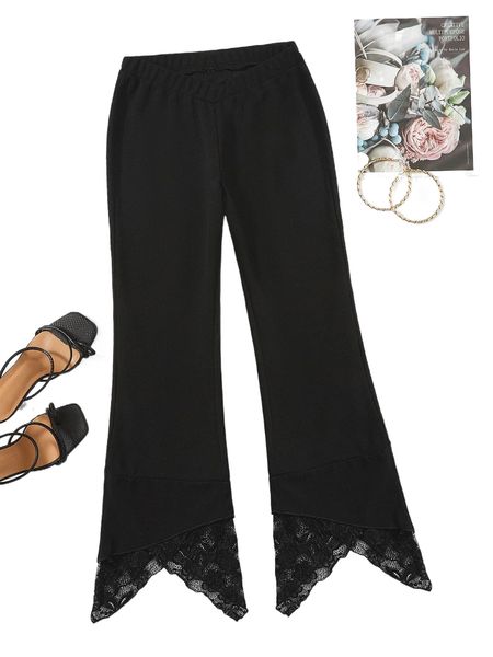 

contrast lace asymmetrical hem bootcut leg pants f9l5#, Black;white