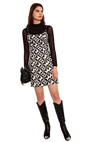 

geo print split hem cami dress without c075#, Black;gray