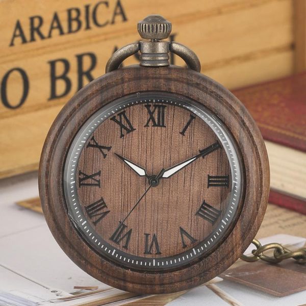 Relógios de bolso clássico numeral romano luminoso quartzo analógico relógio Ebony/zebrawood case retro elegante bronze fob cadeia clockpocket