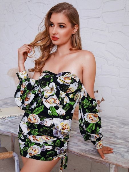 

love&lemonade off shoulder drawstring ruched floral dress n6vr#, Black;gray