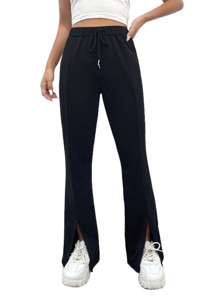 

split hem drawstring waist flare leg pants w3dk#, Black;white