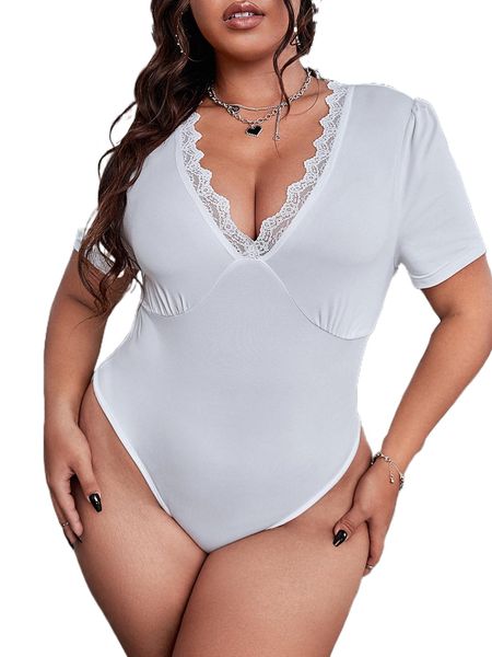 

plus contrast lace plunge neck tee bodysuit t3u0#, Black