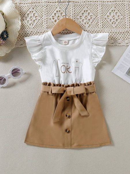 

toddler girls rabbit & slogan graphic & paperbag waist belted skirt she01, White