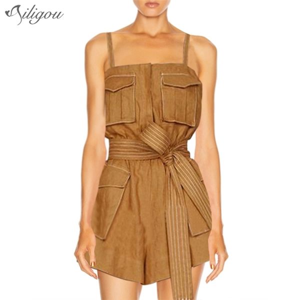 Ailigou Women S Summer Spaghetti Strap Abiti da lavoro Pagliaccetti Fashion Designer Women S Bow Tie Belt Pocket Tuta casual T200704