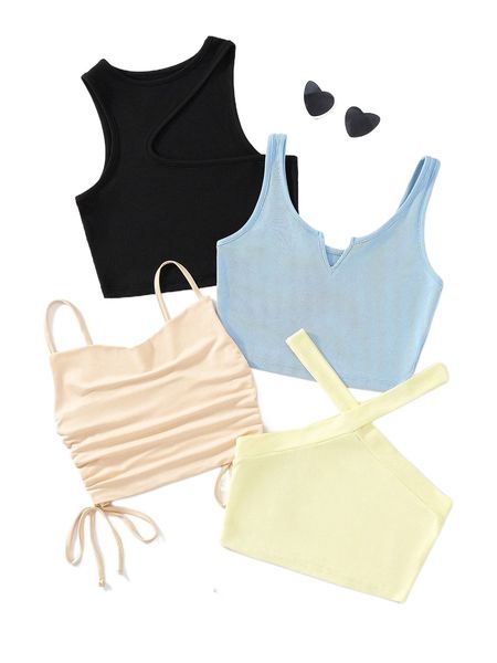 

4pcs notched neckline tank & drawstring cami & halter o3nk#, White