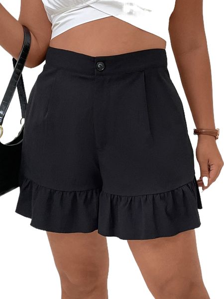 

plus high waist plicated detail ruffle hem shorts 89e0#, Black