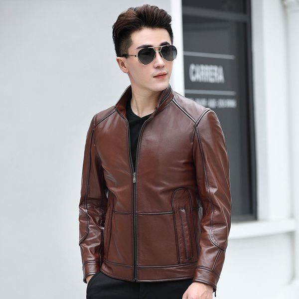 

genuine leather jacket cowhide jacket slim fit stand collar motorcycle bikers jackets man clothing outerwear windbreakers waterproof 2022 b, Black