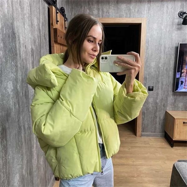 

winter korean style fluffy hooded bread down jacket women thick loose short jacket 211120, Black