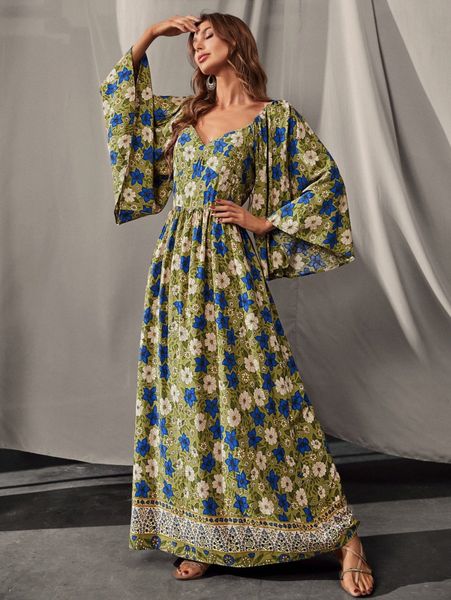 

luukse floral print flounce sleeve maxi dress p6us#, Black;gray