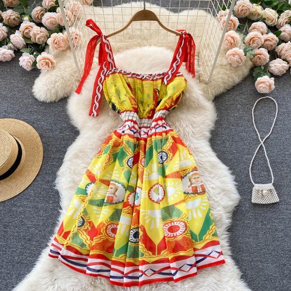 Vestidos casuais verão boho chiffon estampa floral mini vestido feminino feminino spaghetti tira sem mangas cintura elástica holidy praia vestido