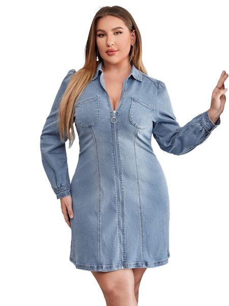 

plus patched pocket puff sleeve cut out back denim dress b0kr#, Black