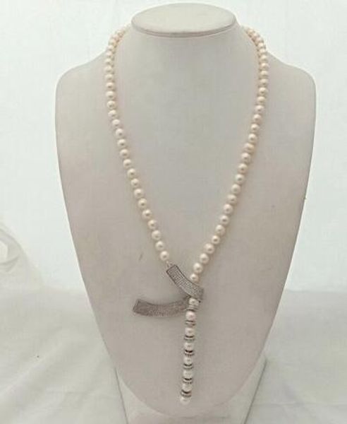 

hand knotted natural 8-9mm white freshwater pearl necklace zircon accessories necklace fashion jewelry 60cm long, Silver