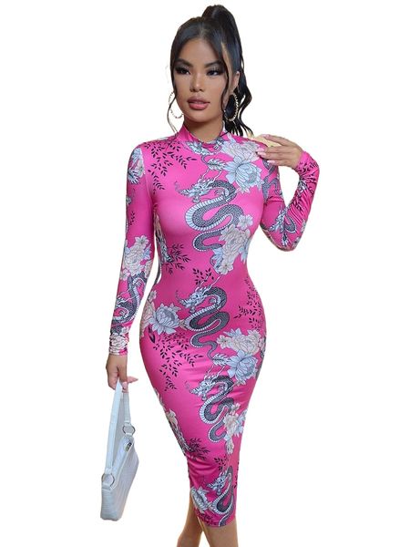 

mock neck chinese dragon & floral print split hem bodycon dress k3gf#, Black;gray