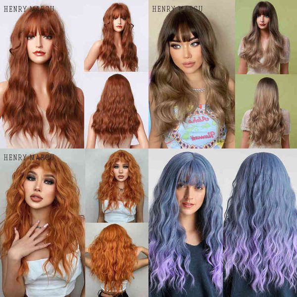 

henry margu red ginger copper yellow synthetic wig for women long curly wave wigs with bangs cosplay party heat resistant hair 220622, Black