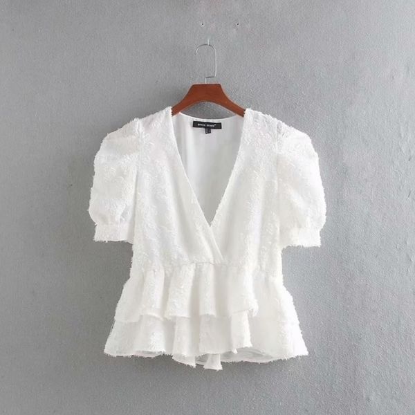 

women sweet v neck puff sleeve casual chiffon blouse ladies double layer cascading ruffles chic shirts femininas ls4330 y200422, White