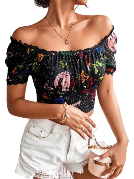 

butterfly & galaxy print off shoulder flounce sleeve tee w9ki#, White