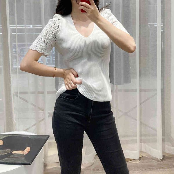 

women's sweaters fadan  home spring and summer french minority white hollow woven bubble sleeve v-neck slim women's thin 6d86, White;black